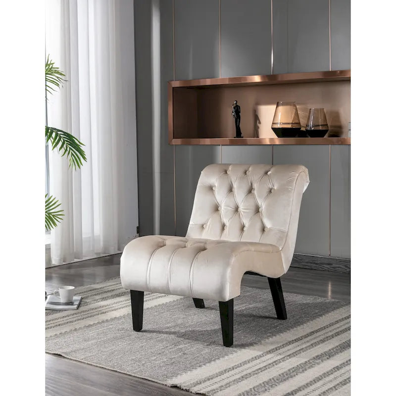Poltrona d'accento in velluto beige, capitonné, seduta singola, gambe in legno nero