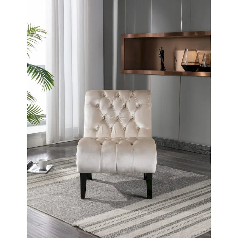 Poltrona d'accento in velluto beige, capitonné, seduta singola, gambe in legno nero