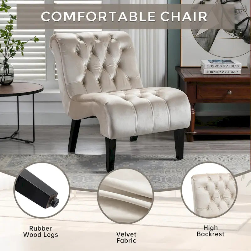 Poltrona d'accento in velluto beige, capitonné, seduta singola, gambe in legno nero