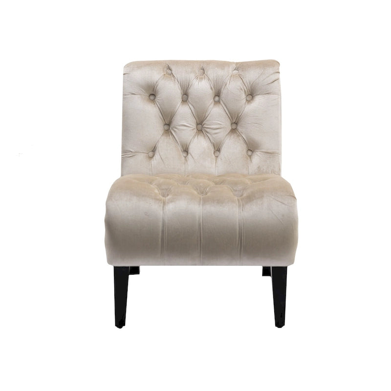 Poltrona d'accento in velluto beige, capitonné, seduta singola, gambe in legno nero