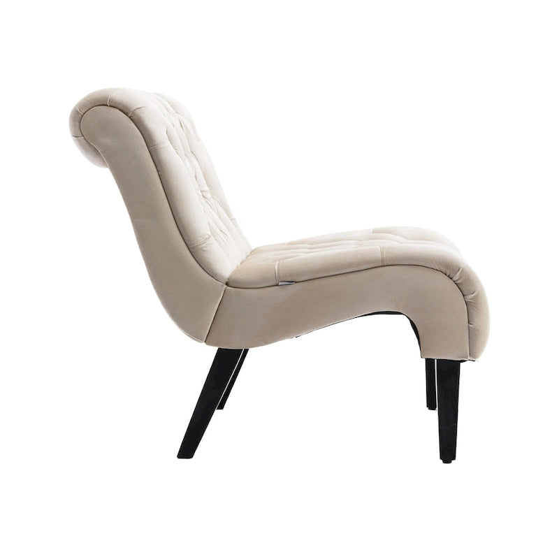 Poltrona d'accento in velluto beige, capitonné, seduta singola, gambe in legno nero
