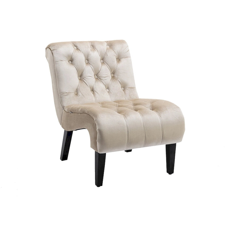 Poltrona d'accento in velluto beige, capitonné, seduta singola, gambe in legno nero