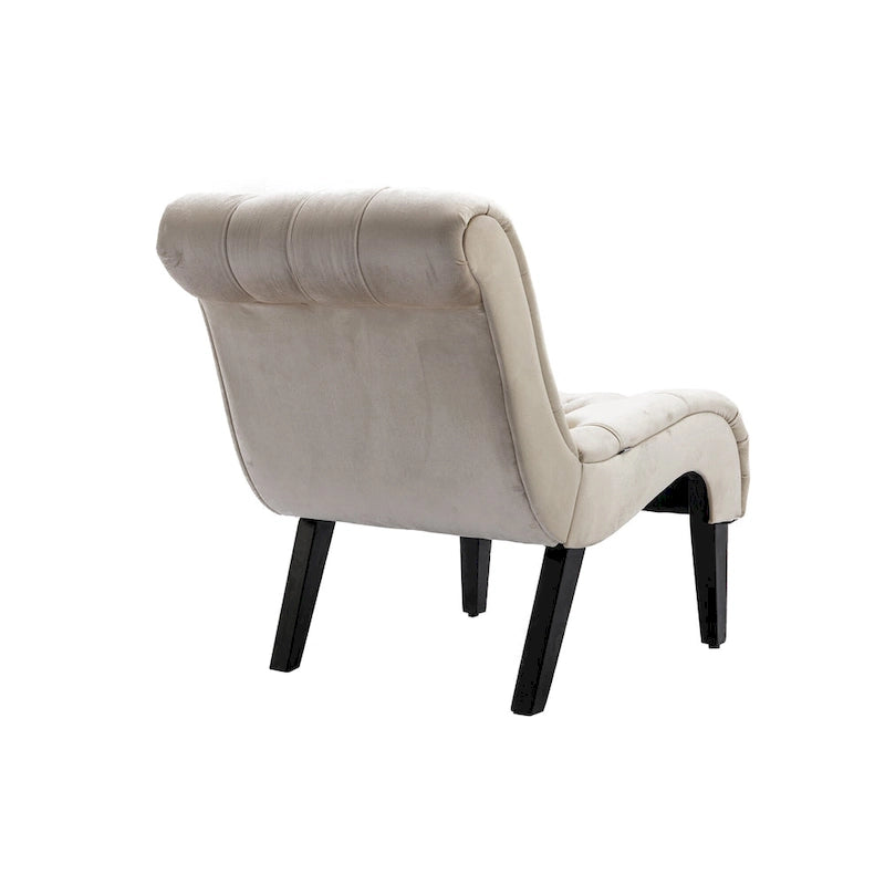 Poltrona d'accento in velluto beige, capitonné, seduta singola, gambe in legno nero