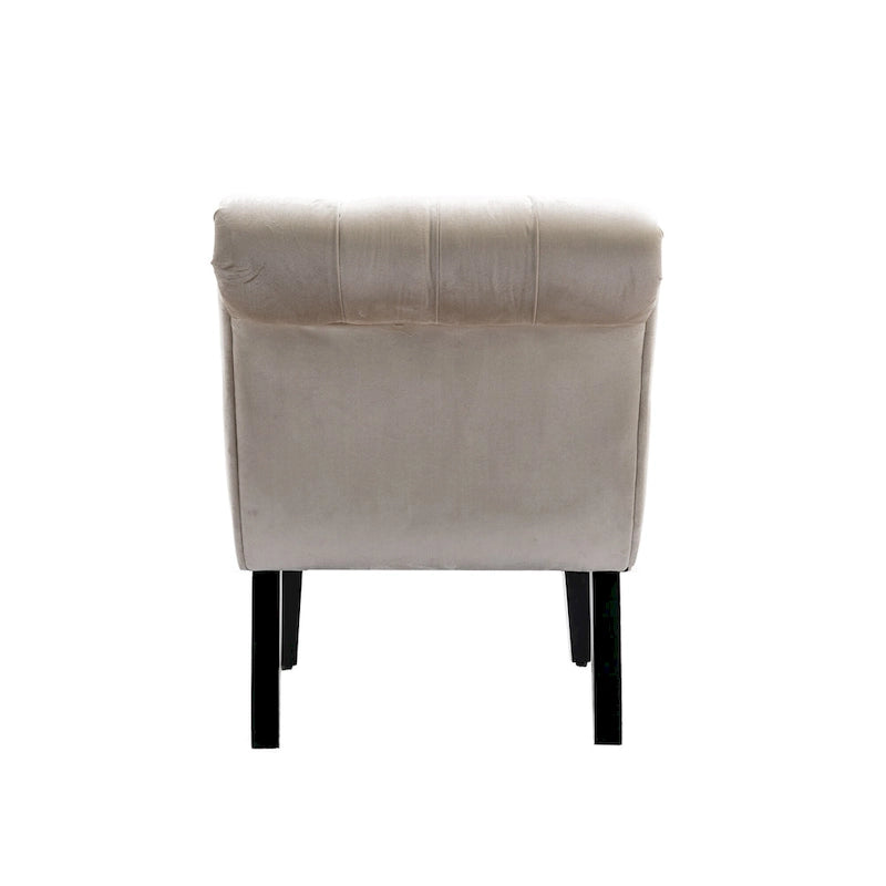 Poltrona d'accento in velluto beige, capitonné, seduta singola, gambe in legno nero