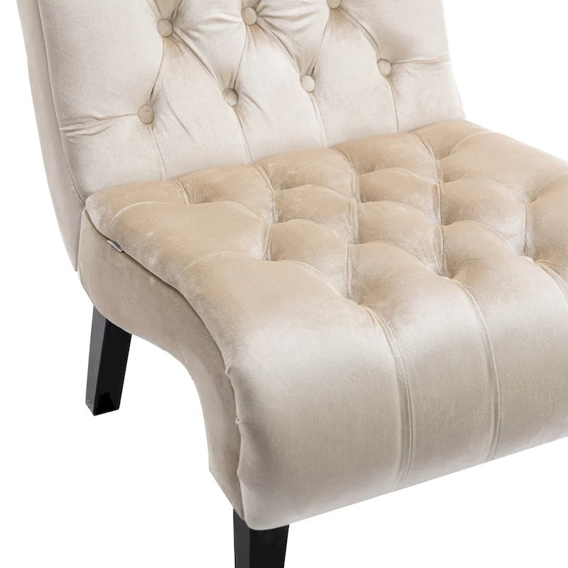 Poltrona d'accento in velluto beige, capitonné, seduta singola, gambe in legno nero