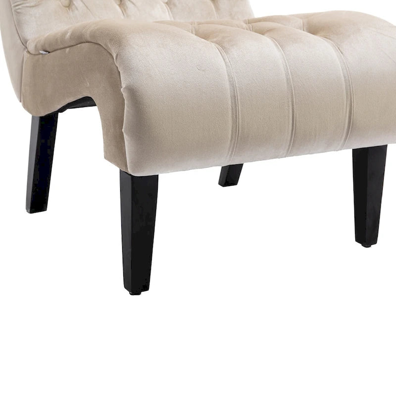 Poltrona d'accento in velluto beige, capitonné, seduta singola, gambe in legno nero