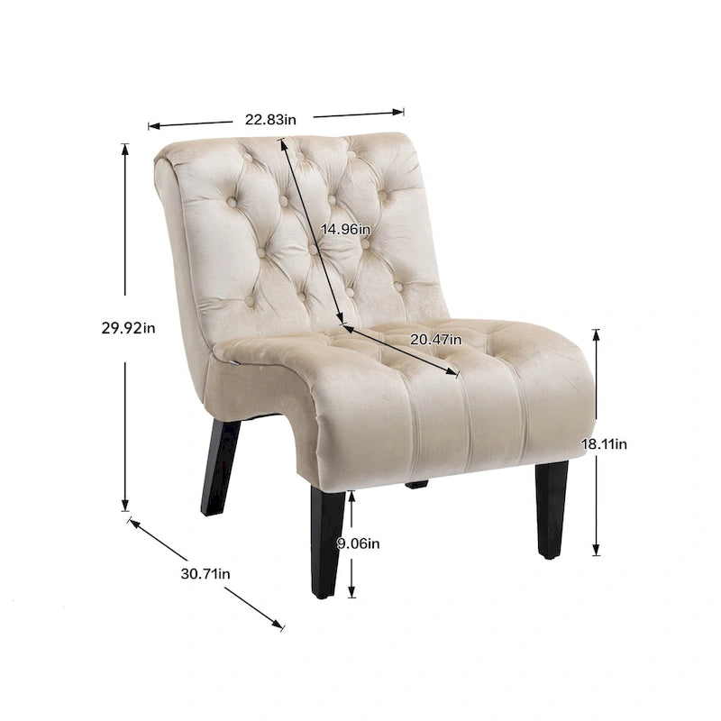 Poltrona d'accento in velluto beige, capitonné, seduta singola, gambe in legno nero