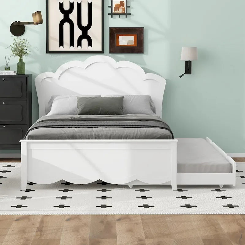 Letto matrimoniale bianco moderno con piattaforma in legno, testiera e letto estraibile singolo