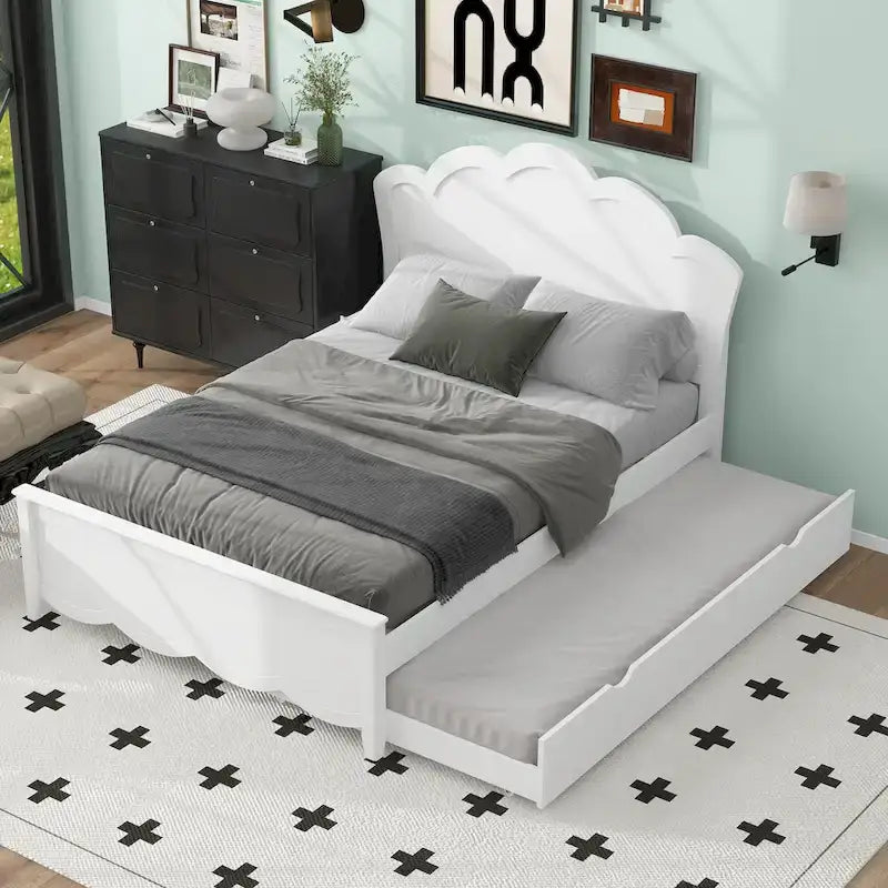 Letto matrimoniale bianco moderno con piattaforma in legno, testiera e letto estraibile singolo