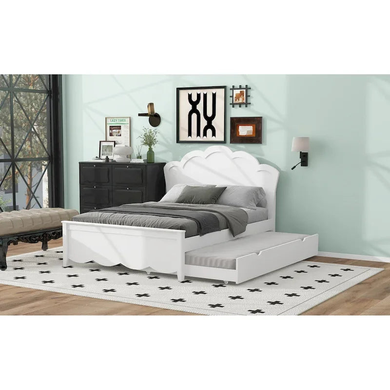Letto matrimoniale bianco moderno con piattaforma in legno, testiera e letto estraibile singolo