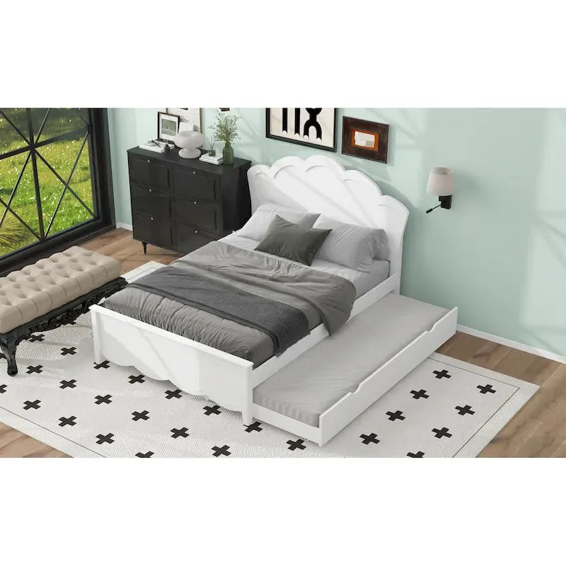 Letto matrimoniale bianco moderno con piattaforma in legno, testiera e letto estraibile singolo