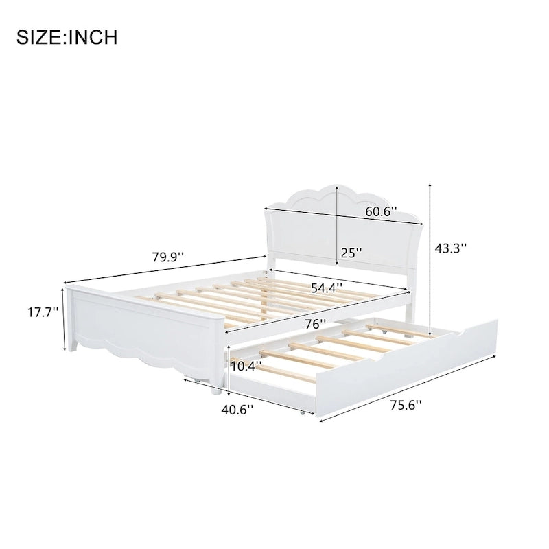 Letto matrimoniale bianco moderno con piattaforma in legno, testiera e letto estraibile singolo