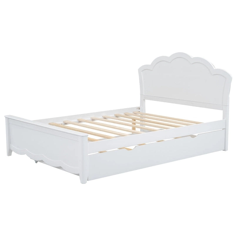 Letto matrimoniale bianco moderno con piattaforma in legno, testiera e letto estraibile singolo