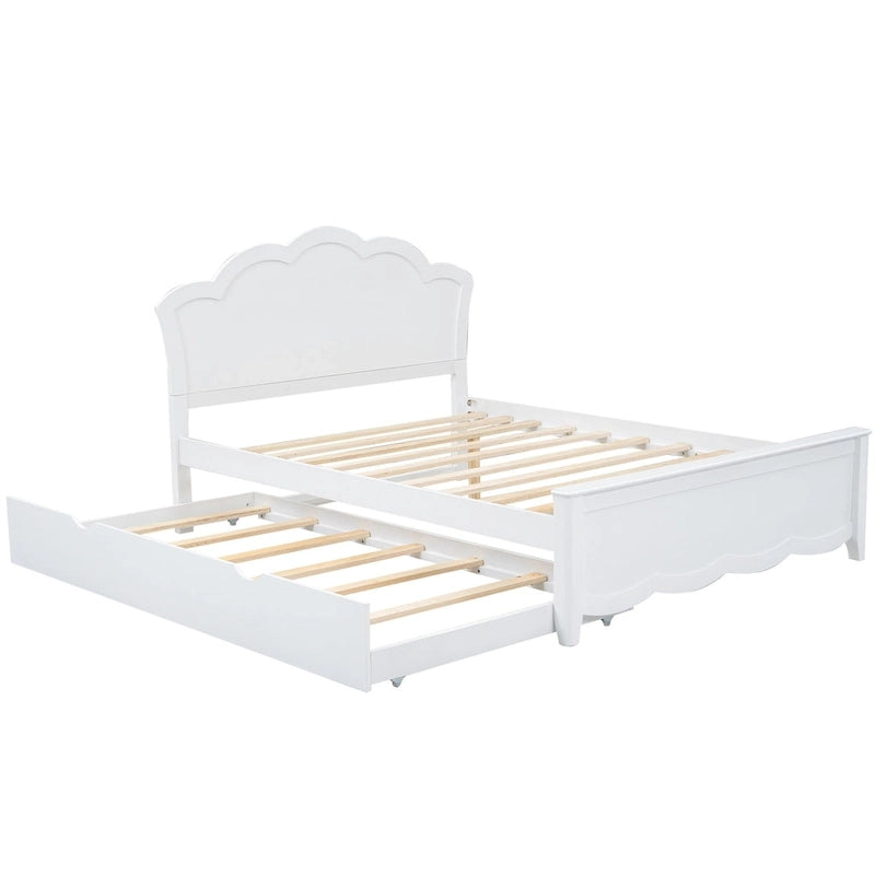 Letto matrimoniale bianco moderno con piattaforma in legno, testiera e letto estraibile singolo