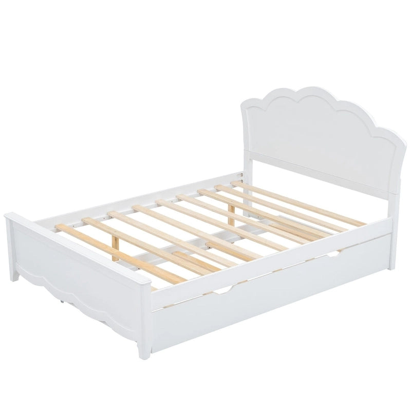 Letto matrimoniale bianco moderno con piattaforma in legno, testiera e letto estraibile singolo