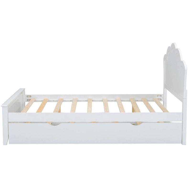 Letto matrimoniale bianco moderno con piattaforma in legno, testiera e letto estraibile singolo