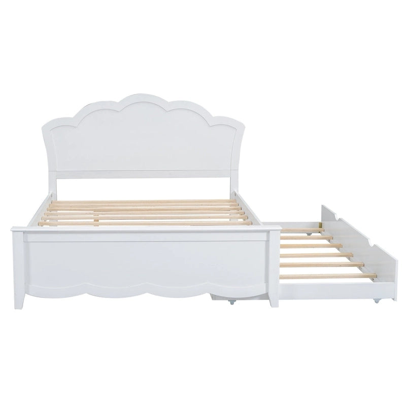 Letto matrimoniale bianco moderno con piattaforma in legno, testiera e letto estraibile singolo
