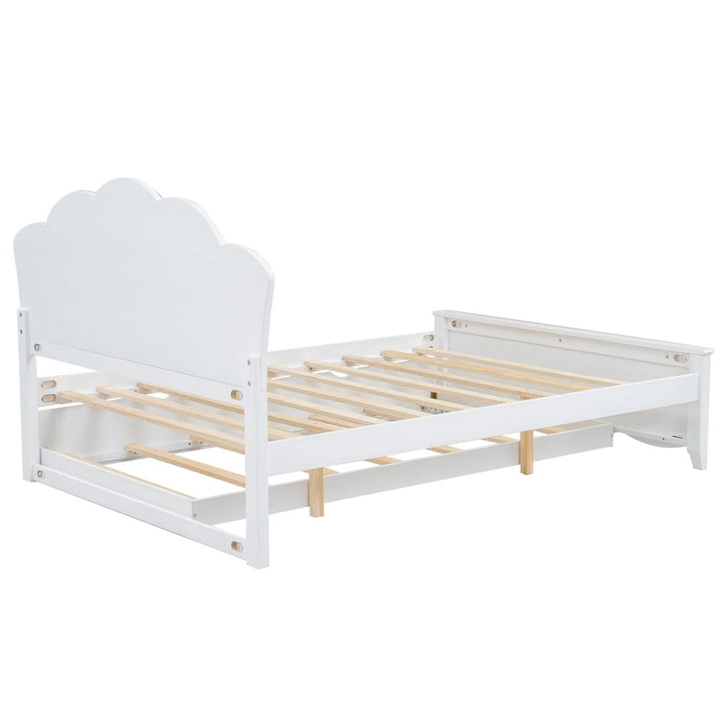Letto matrimoniale bianco moderno con piattaforma in legno, testiera e letto estraibile singolo