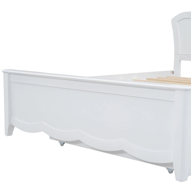 Letto matrimoniale bianco moderno con piattaforma in legno, testiera e letto estraibile singolo