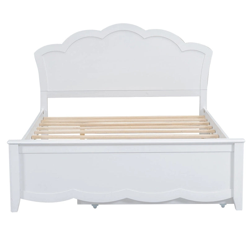 Letto matrimoniale bianco moderno con piattaforma in legno, testiera e letto estraibile singolo