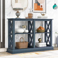 Consolle stretta a 3 ripiani blu navy/beige con design a gambe incrociate, montaggio a 1 persona