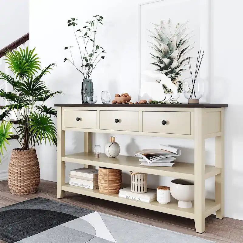 Consolle stretta a 3 ripiani blu navy/beige con design a gambe incrociate, montaggio a 1 persona