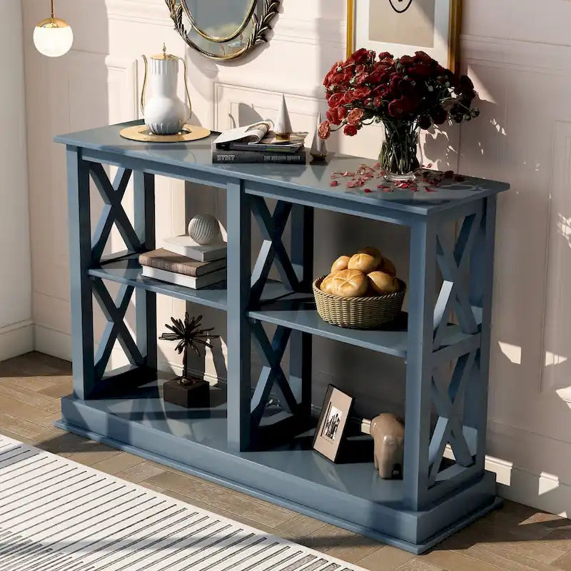 Consolle stretta a 3 ripiani blu navy/beige con design a gambe incrociate, montaggio a 1 persona