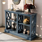 Consolle stretta a 3 ripiani blu navy/beige con design a gambe incrociate, montaggio a 1 persona