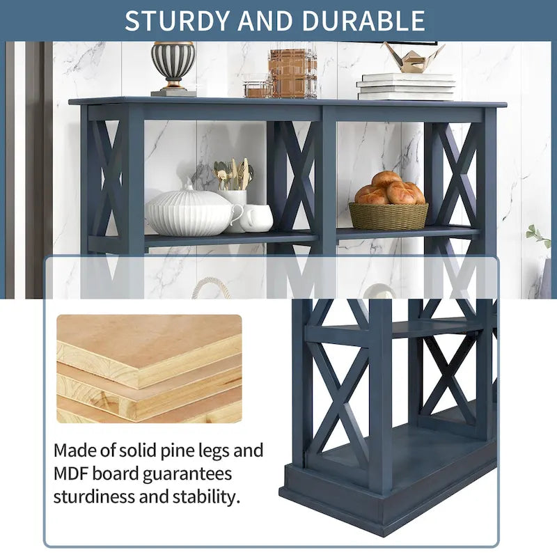 Consolle stretta a 3 ripiani blu navy/beige con design a gambe incrociate, montaggio a 1 persona