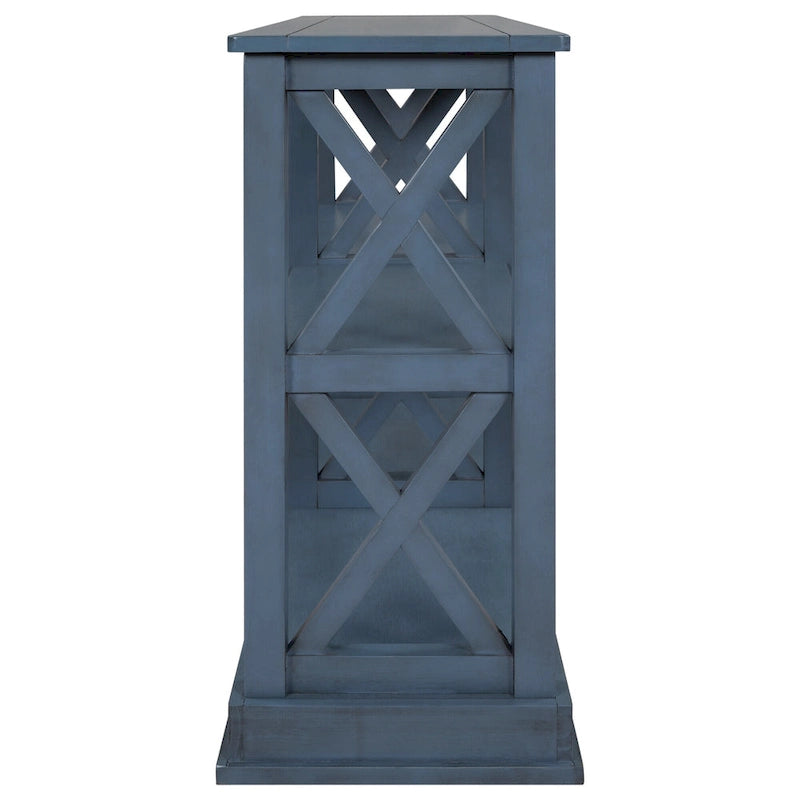 Consolle stretta a 3 ripiani blu navy/beige con design a gambe incrociate, montaggio a 1 persona