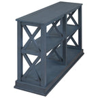 Consolle stretta a 3 ripiani blu navy/beige con design a gambe incrociate, montaggio a 1 persona