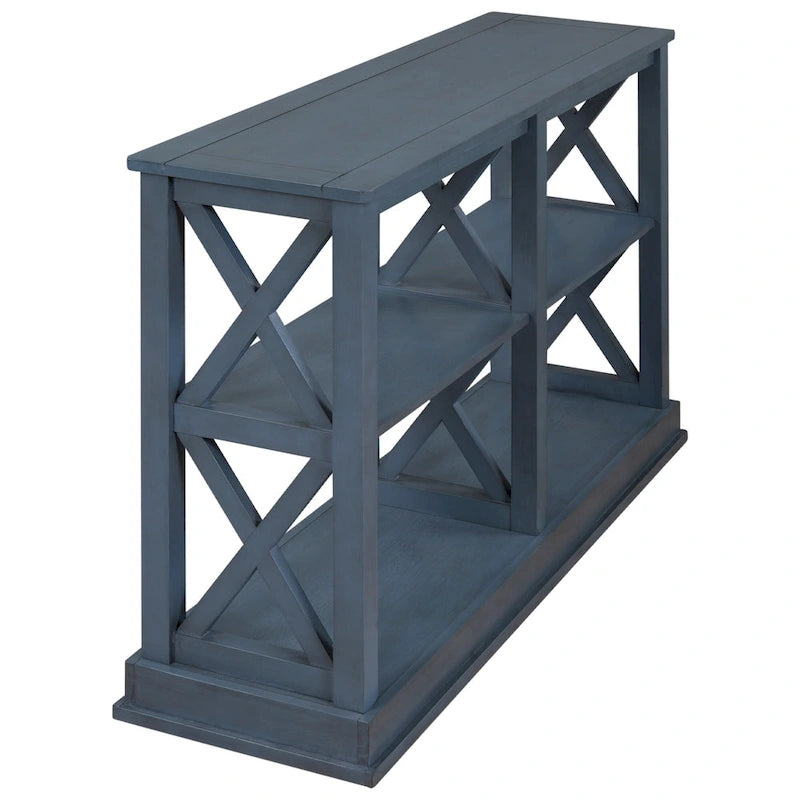 Consolle stretta a 3 ripiani blu navy/beige con design a gambe incrociate, montaggio a 1 persona
