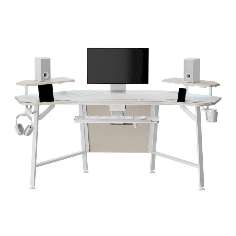 Scrivania da gaming e da studio a forma di ala da 183 cm, per 1 persona, Nera/Noce/Bianca