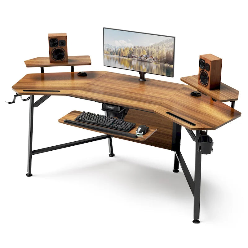 Scrivania da gaming e da studio a forma di ala da 183 cm, per 1 persona, Nera/Noce/Bianca
