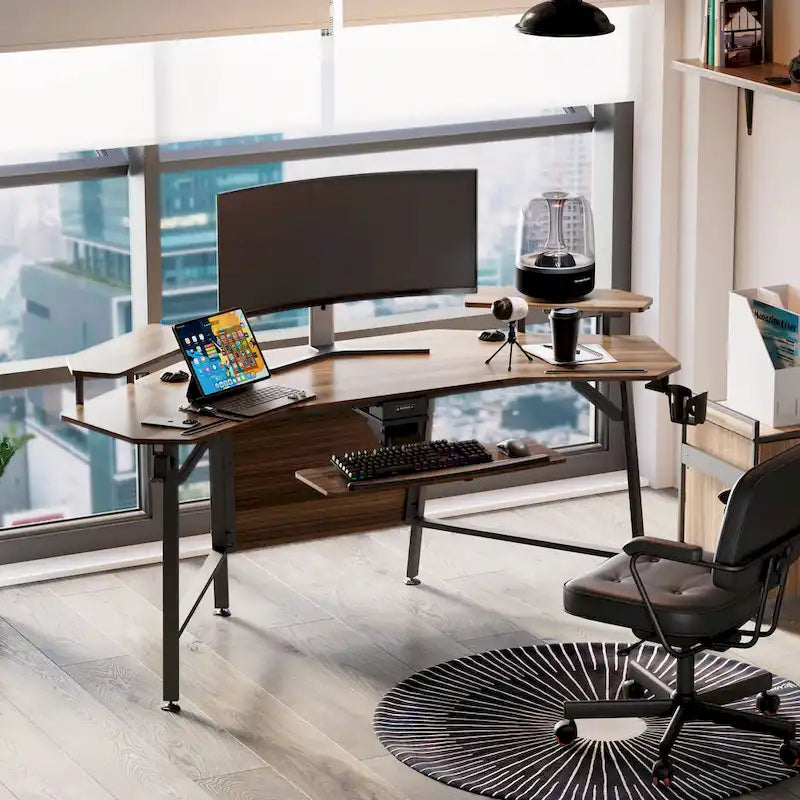 Scrivania da gaming e da studio a forma di ala da 183 cm, per 1 persona, Nera/Noce/Bianca