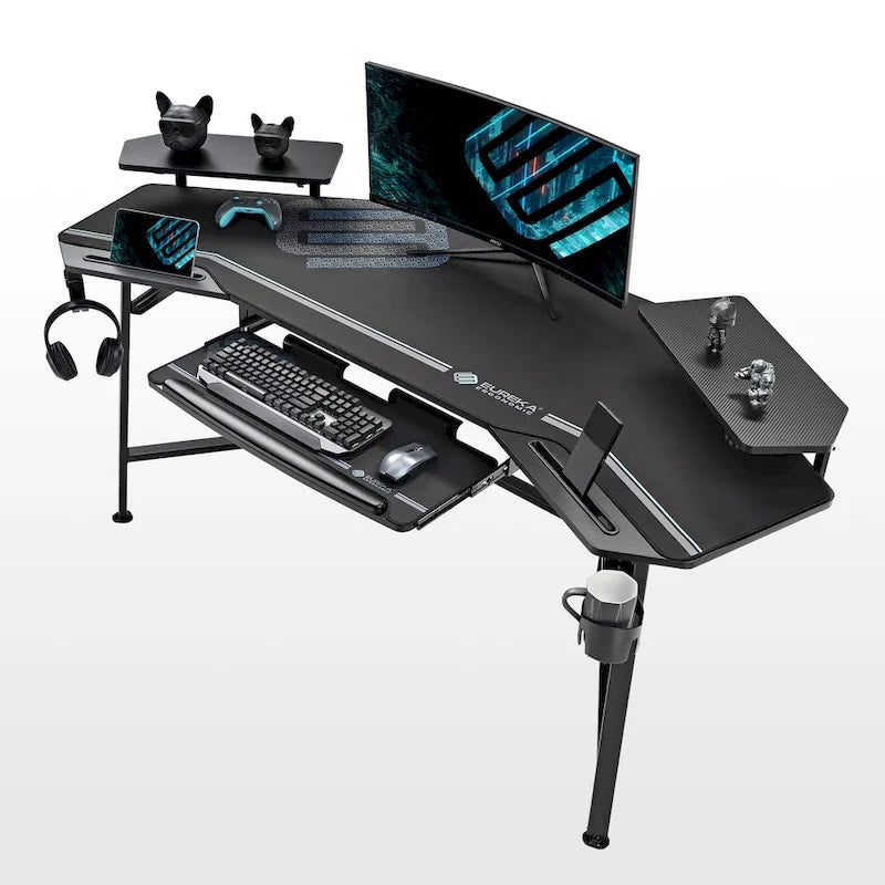 Scrivania da gaming e da studio a forma di ala da 183 cm, per 1 persona, Nera/Noce/Bianca