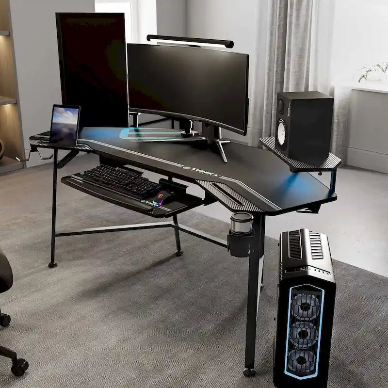Scrivania da gaming e da studio a forma di ala da 183 cm, per 1 persona, Nera/Noce/Bianca