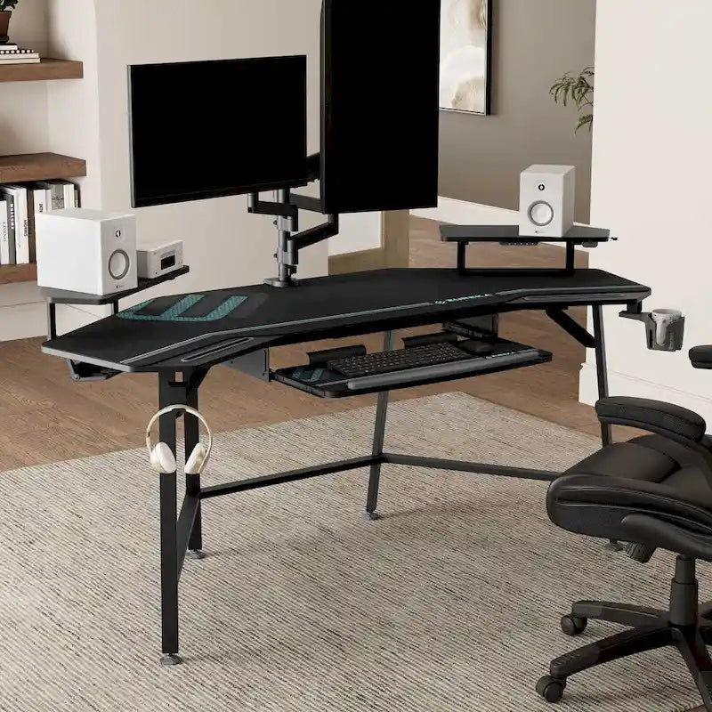 Scrivania da gaming e da studio a forma di ala da 183 cm, per 1 persona, Nera/Noce/Bianca