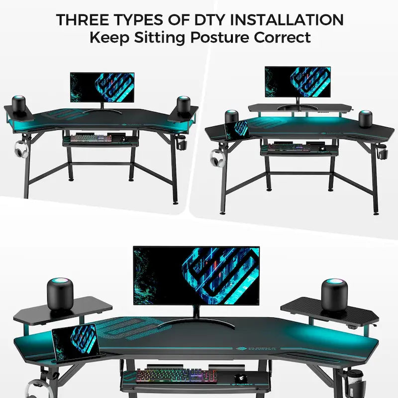 Scrivania da gaming e da studio a forma di ala da 183 cm, per 1 persona, Nera/Noce/Bianca