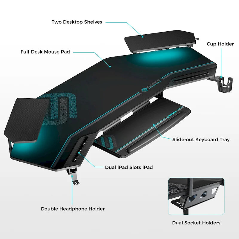 Scrivania da gaming e da studio a forma di ala da 183 cm, per 1 persona, Nera/Noce/Bianca