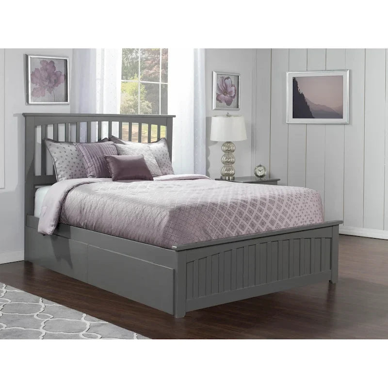 Letto a piattaforma Queen grigio con testiera e cassetti contenitore – Legno massello, 2 posti letto