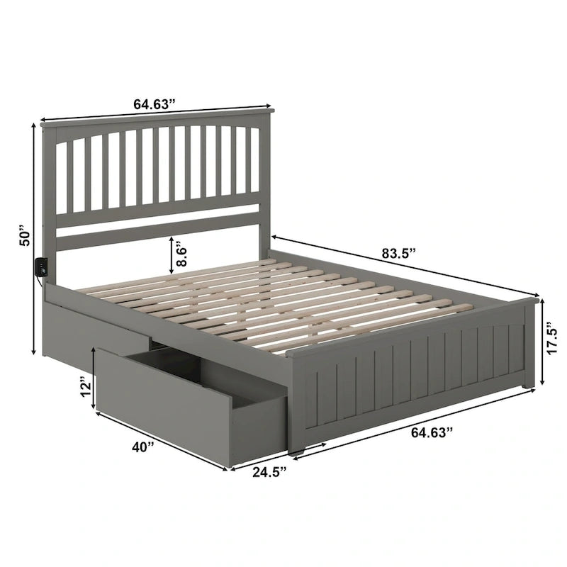 Letto a piattaforma Queen grigio con testiera e cassetti contenitore – Legno massello, 2 posti letto