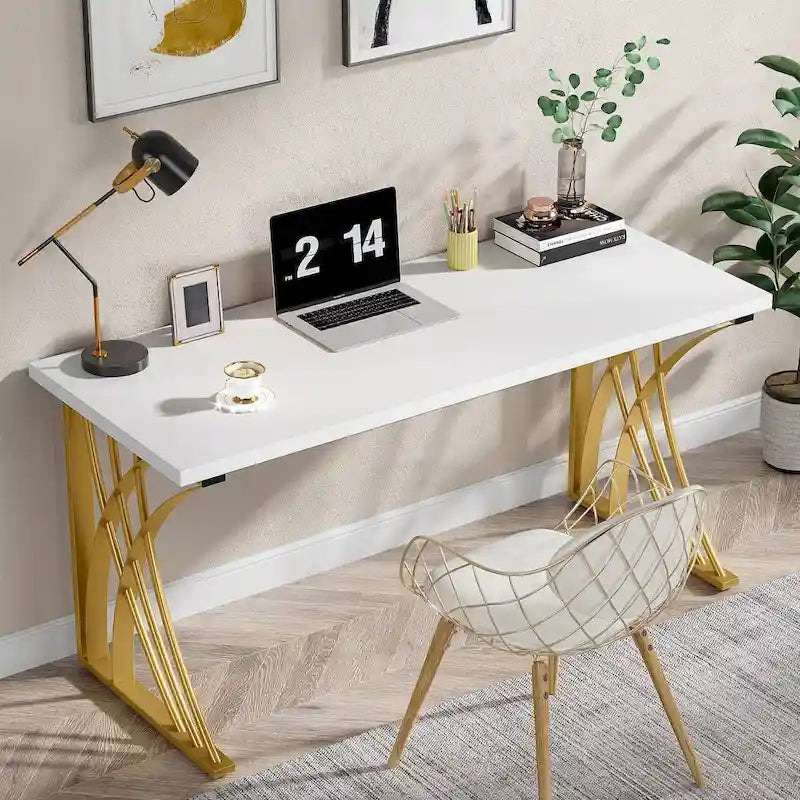 Scrivania per computer singola, 55", bianca e oro