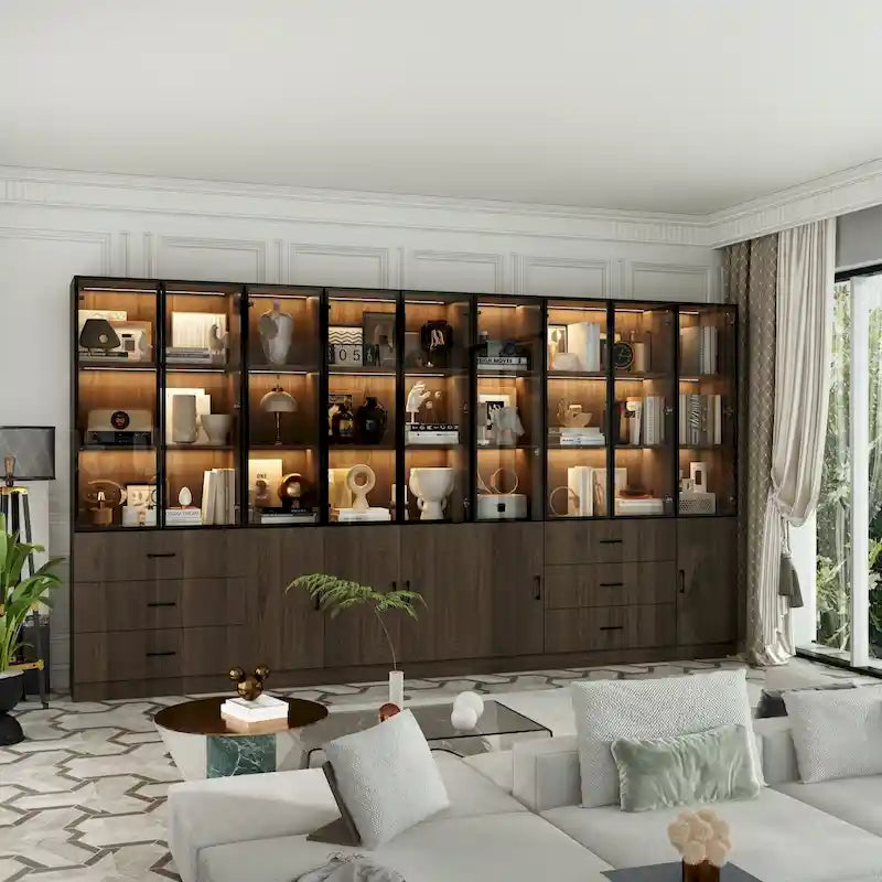 Armadietto in alluminio e vetro nero con venature in legno e luce LED | Unità singola | Diverse dimensioni