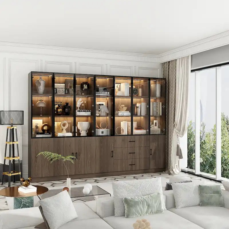 Armadietto in alluminio e vetro nero con venature in legno e luce LED | Unità singola | Diverse dimensioni