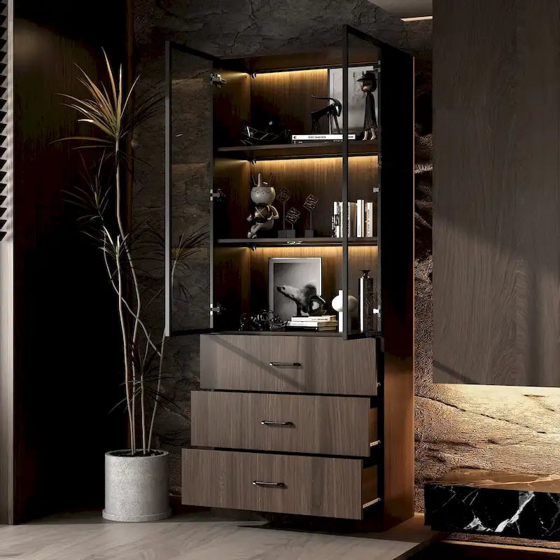 Armadietto in alluminio e vetro nero con venature in legno e luce LED | Unità singola | Diverse dimensioni