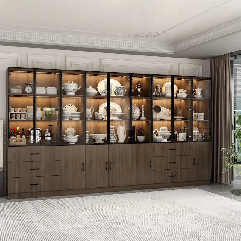Armadietto in alluminio e vetro nero con venature in legno e luce LED | Unità singola | Diverse dimensioni