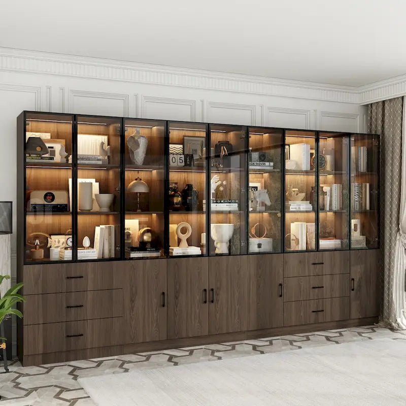 Armadietto in alluminio e vetro nero con venature in legno e luce LED | Unità singola | Diverse dimensioni