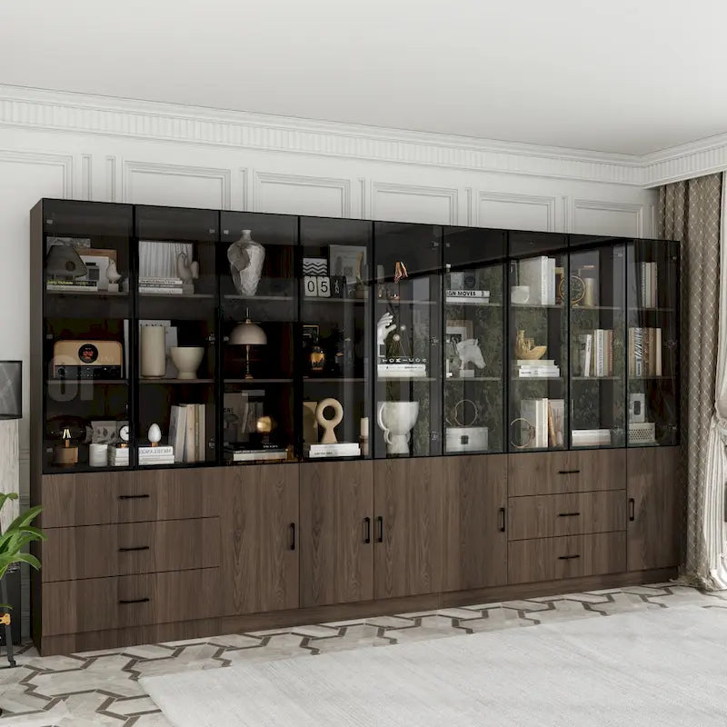 Armadietto in alluminio e vetro nero con venature in legno e luce LED | Unità singola | Diverse dimensioni