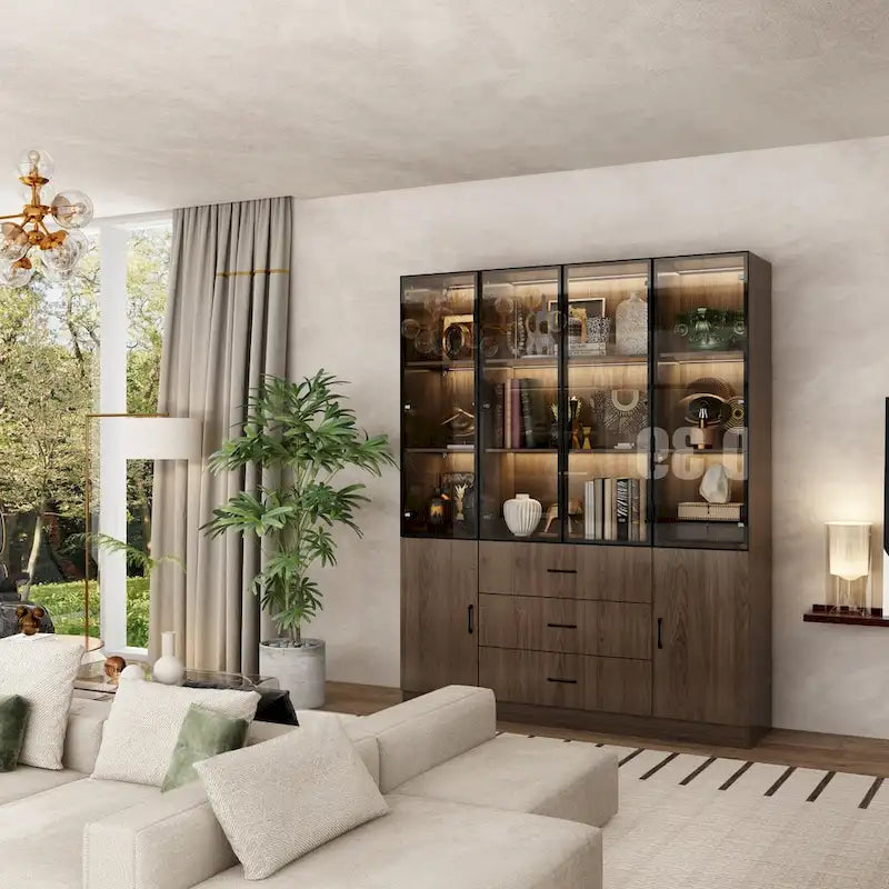 Armadietto in alluminio e vetro nero con venature in legno e luce LED | Unità singola | Diverse dimensioni